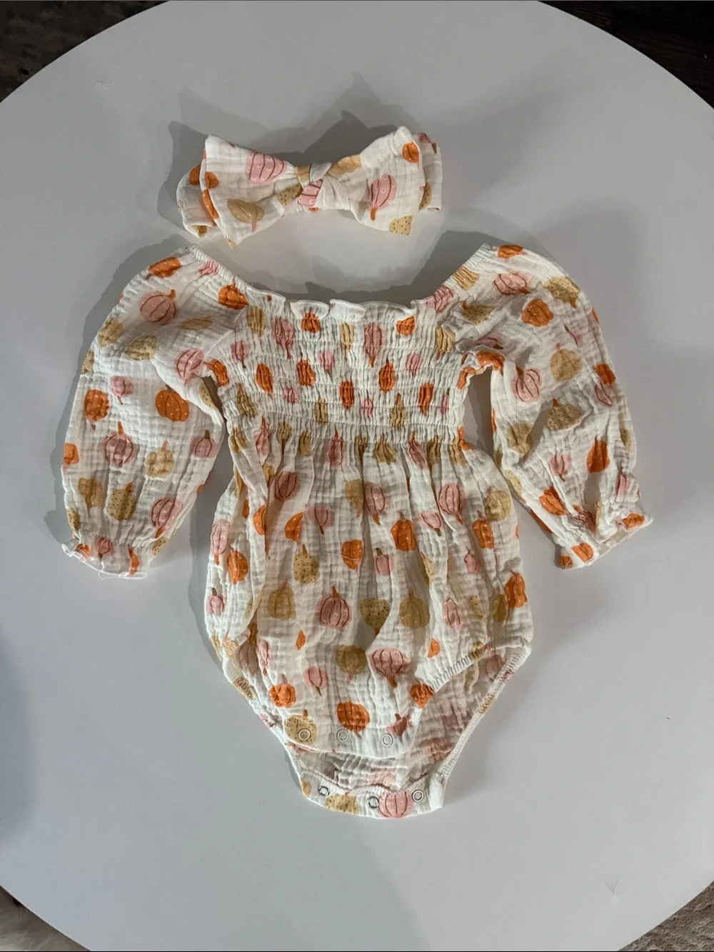 Chickpea Cream Pumpkin-Print Smocked Baby One-Piece with Headband NWOT